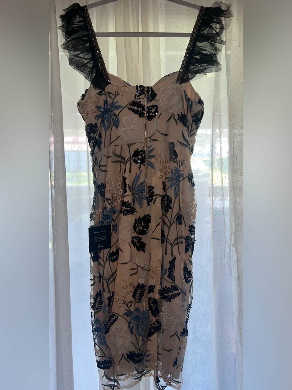 NWT Lulu's Beige Midi Dress with Black & Blue Floral Embroidery - Picture 6 of 9